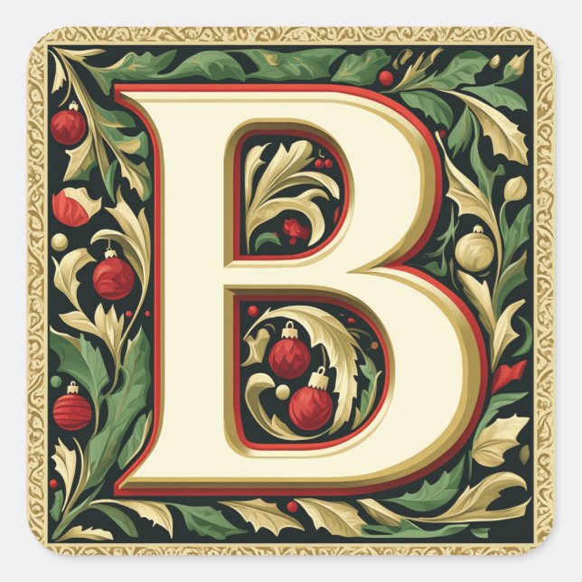 Holiday Letter B: Red, Green, and Gold Square Sticker (Front)