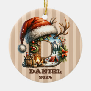 Holiday Letter D Santa Hat Winter Camping Scene Ceramic Ornament