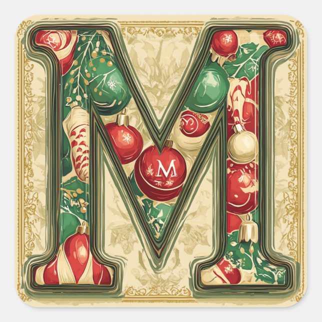 Holiday Letter M: Red, Green, Gold with Ornaments Square Sticker (Front)