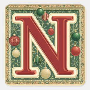 Holiday Letter N: Red and Green with Gold Square Sticker