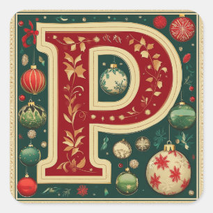 Holiday Letter P with Red, Green, and Gold Square Sticker