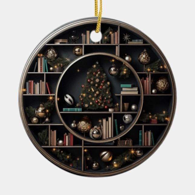Holiday Library Books Ceramic Ornament (Front)
