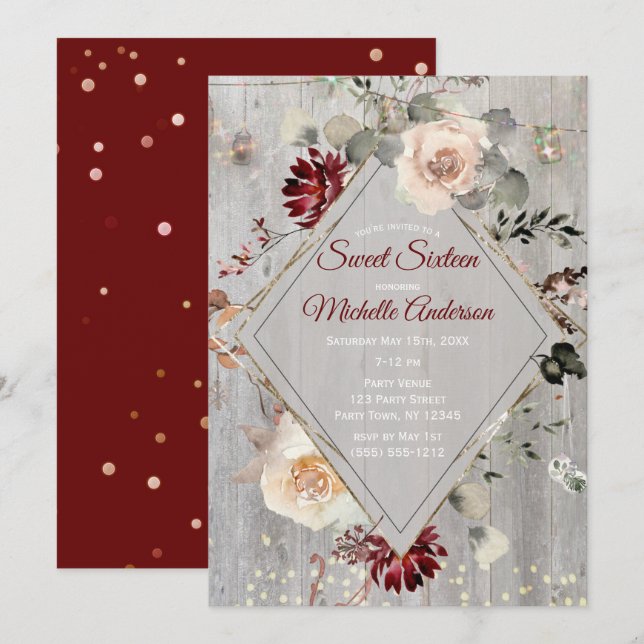 Holiday Lights Burgundy Floral Sweet Sixteen Party Invitation (Front/Back)
