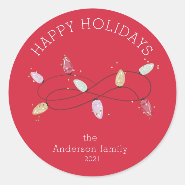 holiday lights colourful happy holidays classic ro classic round sticker (Front)