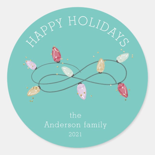 holiday lights colourful happy holidays classic round sticker (Front)