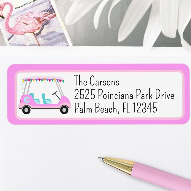 Holiday Lights Pink Golf Cart Return Address Label (Personalized Holiday Bulbs  Golf Cart Monogram Pink Return Address Label.)