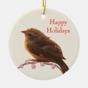 Holiday Little Bird on Beige Ceramic Ornament