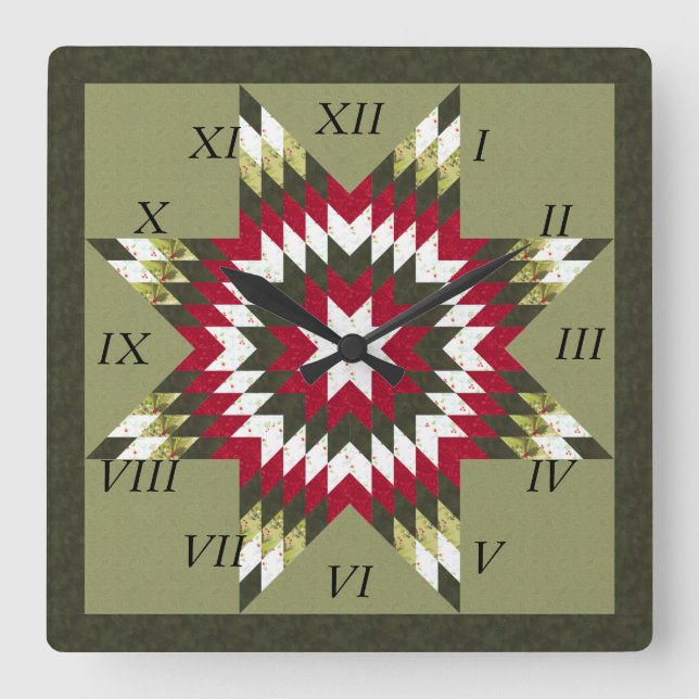 Holiday Lone Star Quilt Design Square Wall Clock (Front)