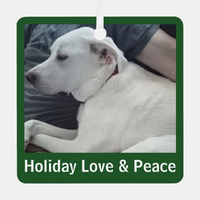 Holiday Love and Peace Cute Dog Photo with Dad Metal Ornament (Front)