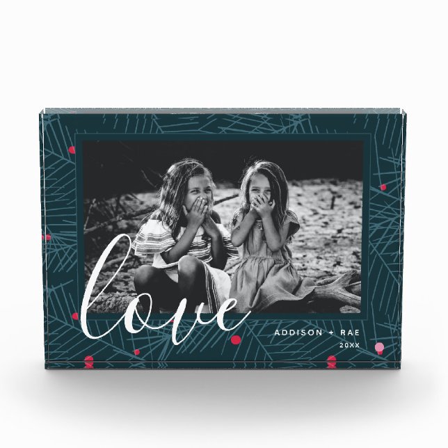Holiday Love Personalized Foliage and Berries Photo Block (Front)