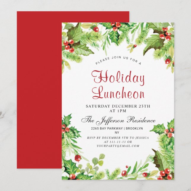 Holiday Luncheon Holly Berry Christmas Party Invitation (Front/Back)