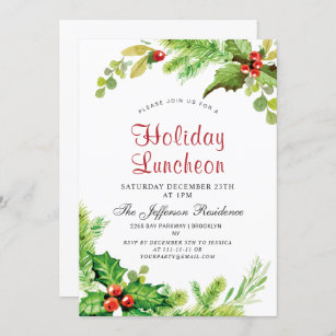 Holiday Luncheon Red Holly Berry  Christmas Invitation