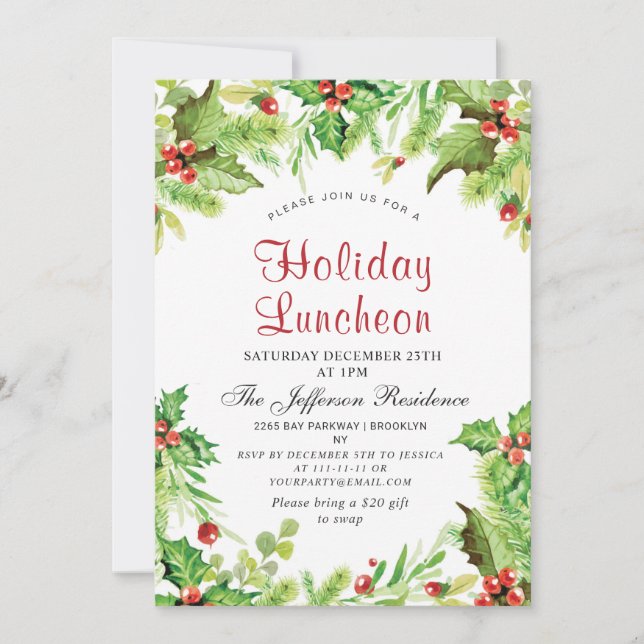 Holiday Luncheon Red Holly Berry  Christmas Invitation (Front)