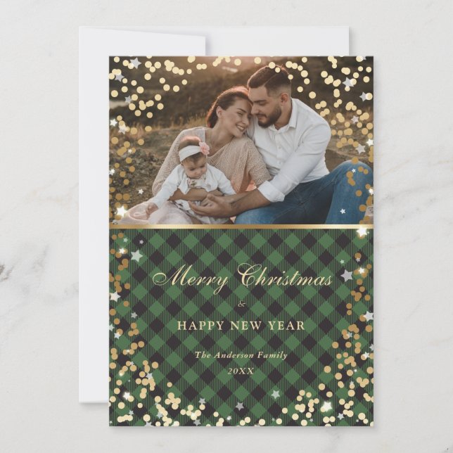 Holiday Magic Green Gold Plaid Photo Card (Front)
