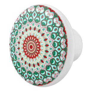 Holiday Mandala in Red, Green, and Winter White Ceramic Knob
