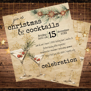 Holiday Martinis Rustic Pine and Snowflakes Party Invitation