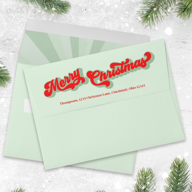 Holiday Merry Christmas Green Swirl Return Address Envelope (Bold Merry Christmas Typography green and red envelope)