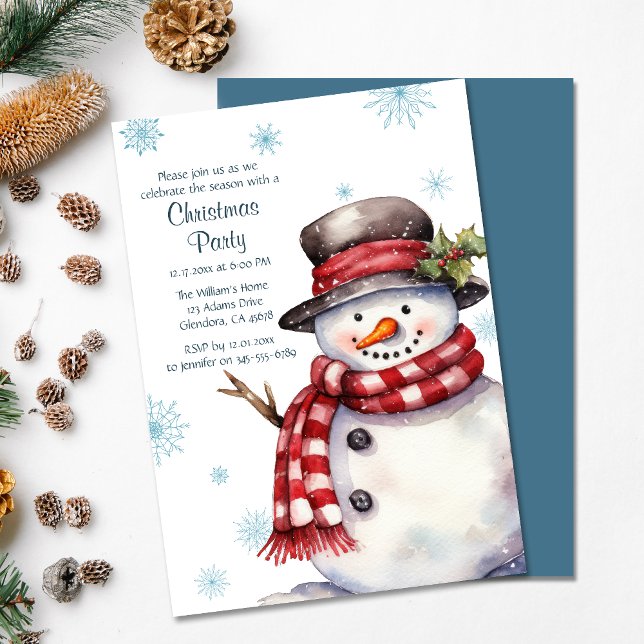Holiday Merry Christmas Party Snowman Invitation (Invite your guests to your Christmas party with this warm and charming holiday-themed invitation!)