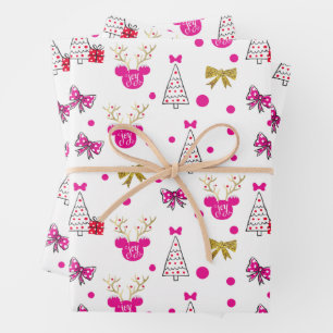 Holiday Minnie Pattern with Gold Bows & Antlers Wrapping Paper Sheet