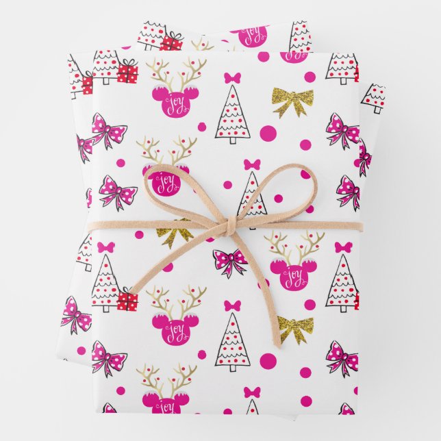Holiday Minnie Pattern with Gold Bows & Antlers Wrapping Paper Sheet (In situ)