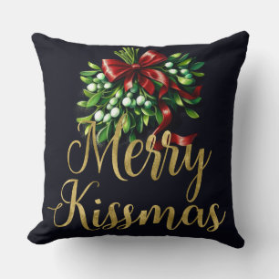 Holiday Mistletoe Gold Merry Kissmas Throw Pillow