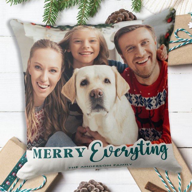 Holiday Modern Photo Personalized Family Christmas Throw Pillow (Creator Uploaded)
