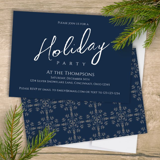 Holiday Modern Simple Navy Blue Calligraphy Script Invitation (Elegant silver and navy blue snowflake pattern holiday Christmas party invitation. )