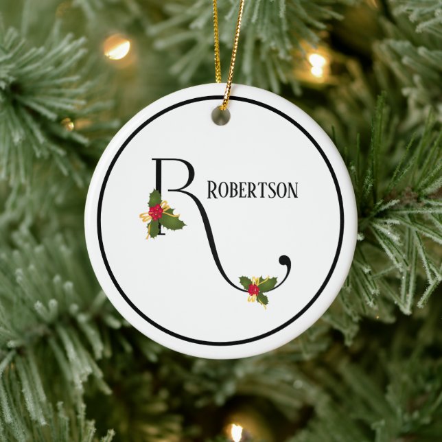 Holiday Monogram Letter R Personalized Ceramic Ornament (Tree)