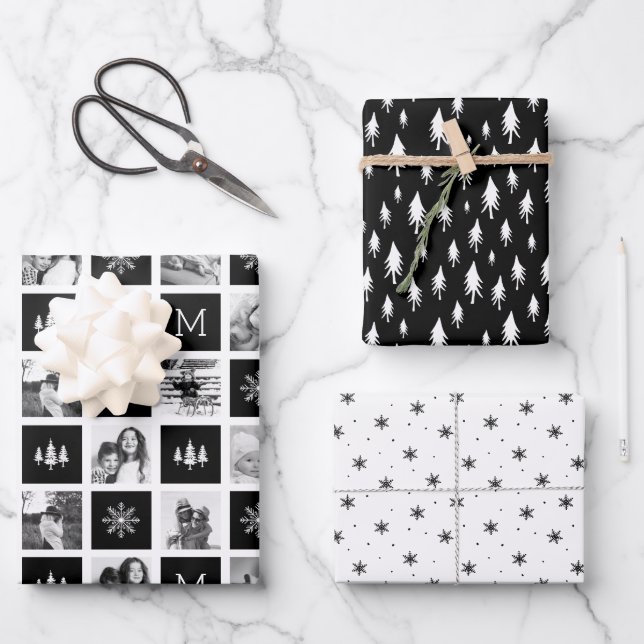 Holiday Monogram Photo Collage Wrapping Paper Sheet (Front)