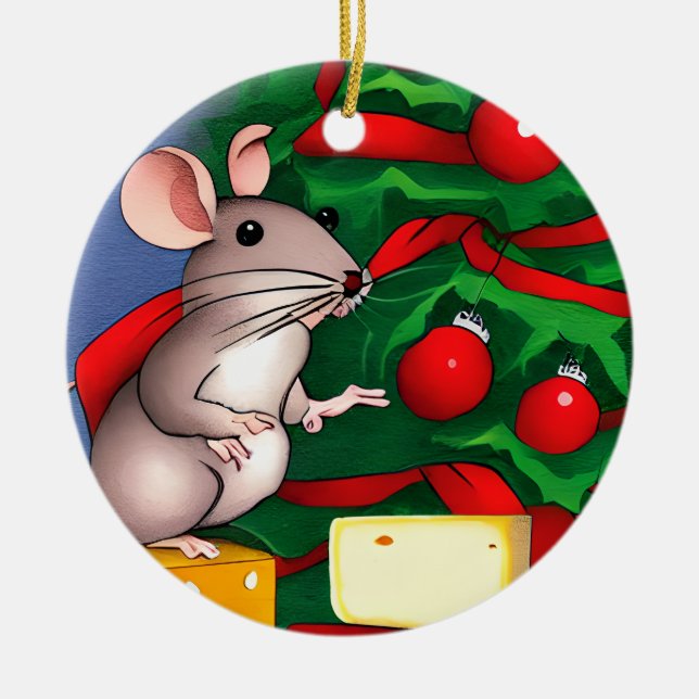 Holiday Mouse Ceramic Ornament (Front)
