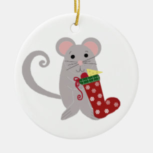 Holiday Mouse with Red Stocking Ceramic Ornament