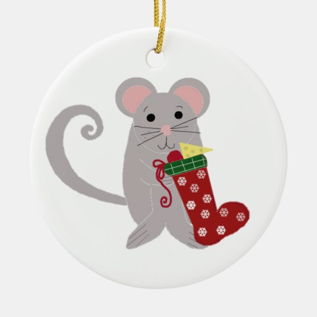 Holiday Mouse with Red Stocking Ceramic Ornament (Front)