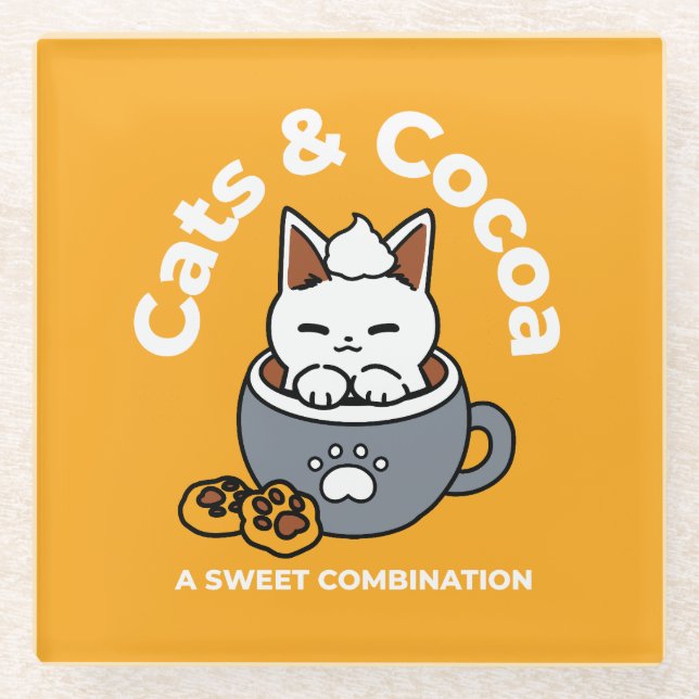 Holiday Mug Design with Cozy Cat and Paw Cookies Glass Coaster (Front)