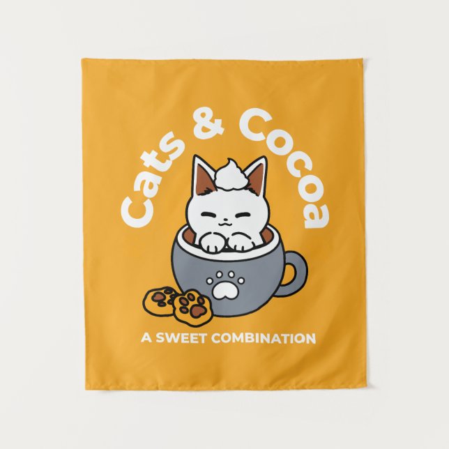 Holiday Mug Design with Cozy Cat and Paw Cookies Tapestry (Front)