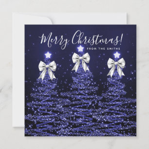 Holiday Navy Blue Christmas Trees Greeting Silver Card