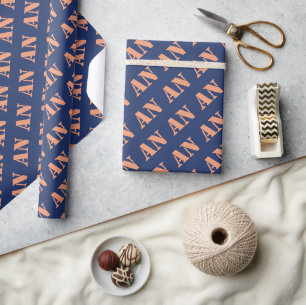 Holiday Navy Orange Spicy Monogram Initial Wrapping Paper