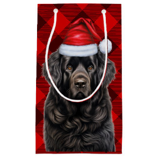 Holiday Newfoundland Dog Fun Red Plaid Christmas Small Gift Bag