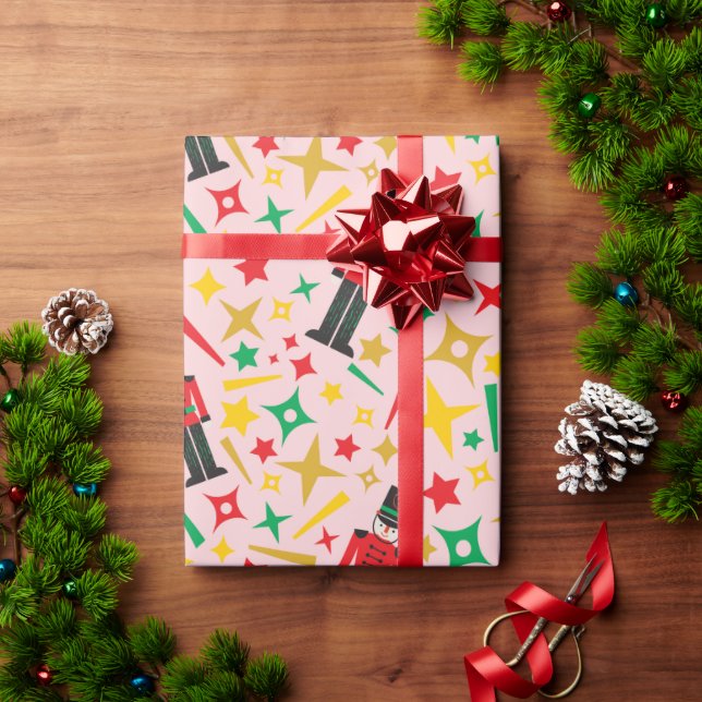 Holiday Nutcrackers & Stars Christmas Festive Pink Wrapping Paper (Holiday Gift)