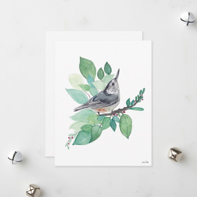 Holiday Nuthatch Bird Card (Front/Back In Situ)