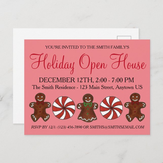 Holiday Open House Gingerbread Cookie Peppermint  Invitation Postcard (Front/Back)