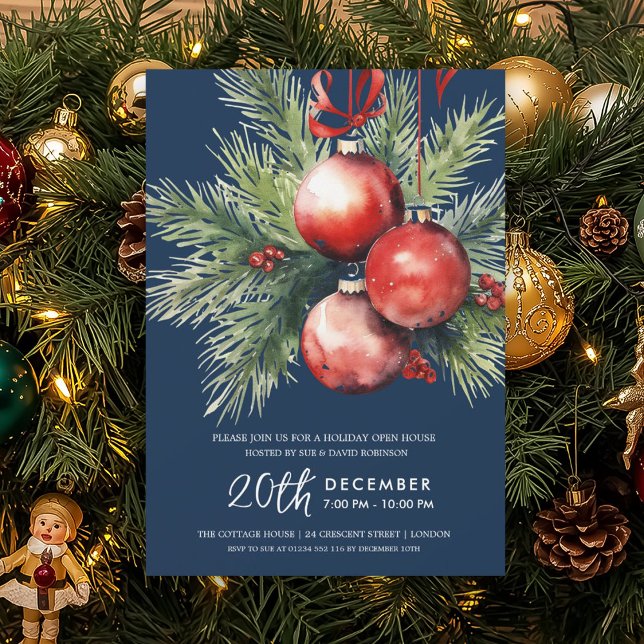 Holiday Open House Hand Painted Baubles Navy Blue  Invitation (Holiday Open House Hand Painted Baubles Navy Blue Invitation)