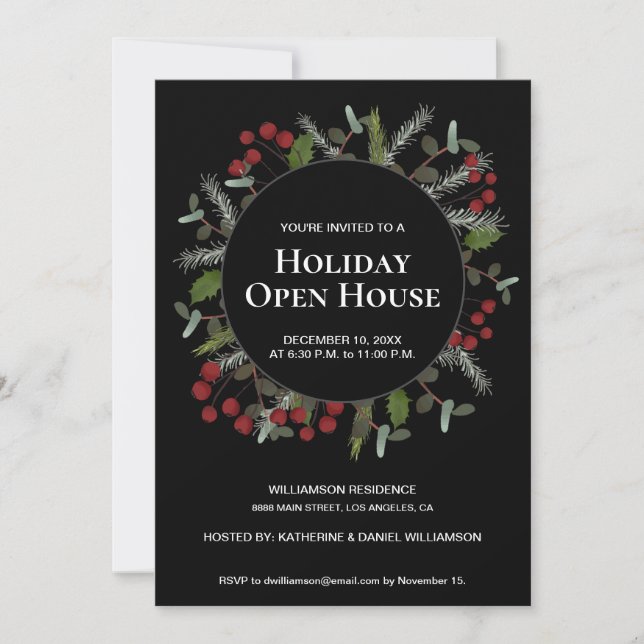 Holiday Open House holly wreath festive family Invitation (Front)