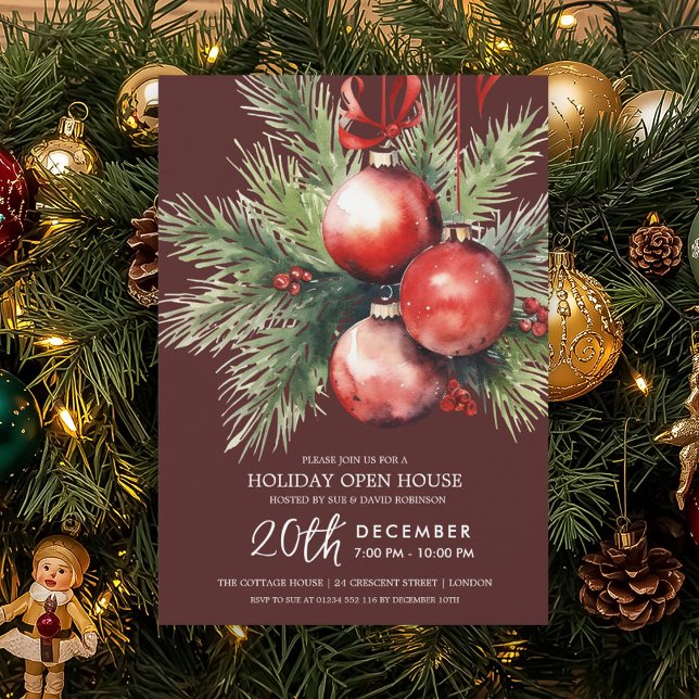 Holiday Open House Painted Baubles Burgundy  Invitation (Holiday Open House Painted Baubles Burgundy Invitation)
