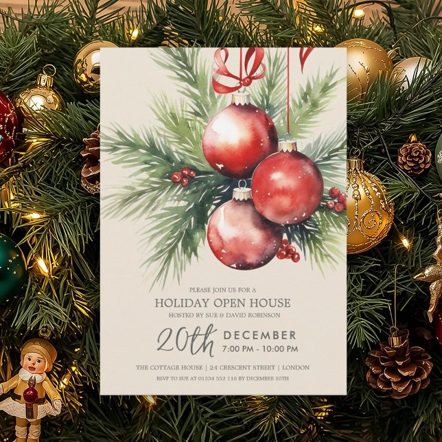 Holiday Open House Painted Baubles Champagne  Invitation (Holiday Open House Painted Baubles Champagne Invitation)