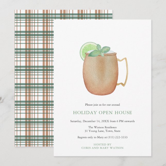 Holiday Open House Party Moscow Mule Watercolor Invitation (Front/Back)