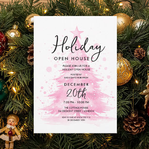 Holiday Open House Pink Hand Painted Tree Invitation