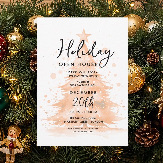 Holiday Open House Rose Gold Hand Painted Tree Invitation (Holiday Open House Rose Gold Hand Painted Tree Invitation)