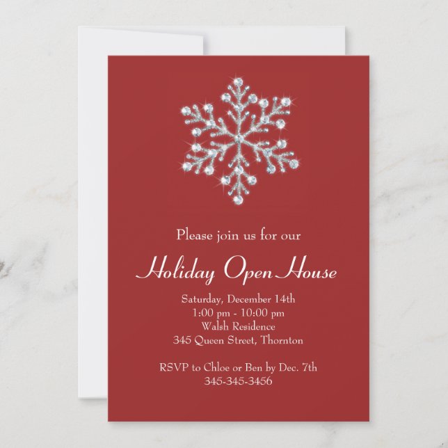 Holiday Open House with Red Crystal Snowflake Invitation (Front)