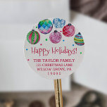 Holiday Ornament Christmas Return Address Classic Round Sticker<br><div class="desc">These holiday ornament christmas return address stickers are perfect for a festive holiday card or invitation envelope. The watercolor design features dangling colourful christmas baubles with red green and blue confetti.</div>