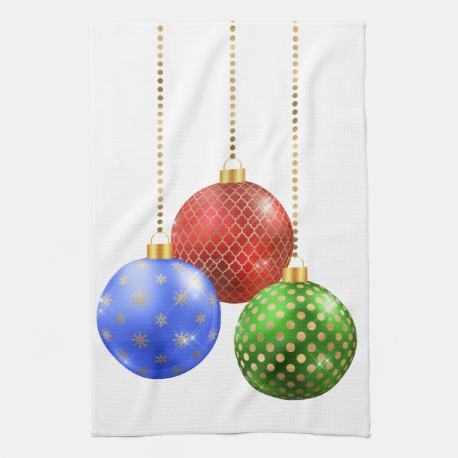 Holiday Ornaments Red Blue Green Gold Kitchen Towel (Vertical)